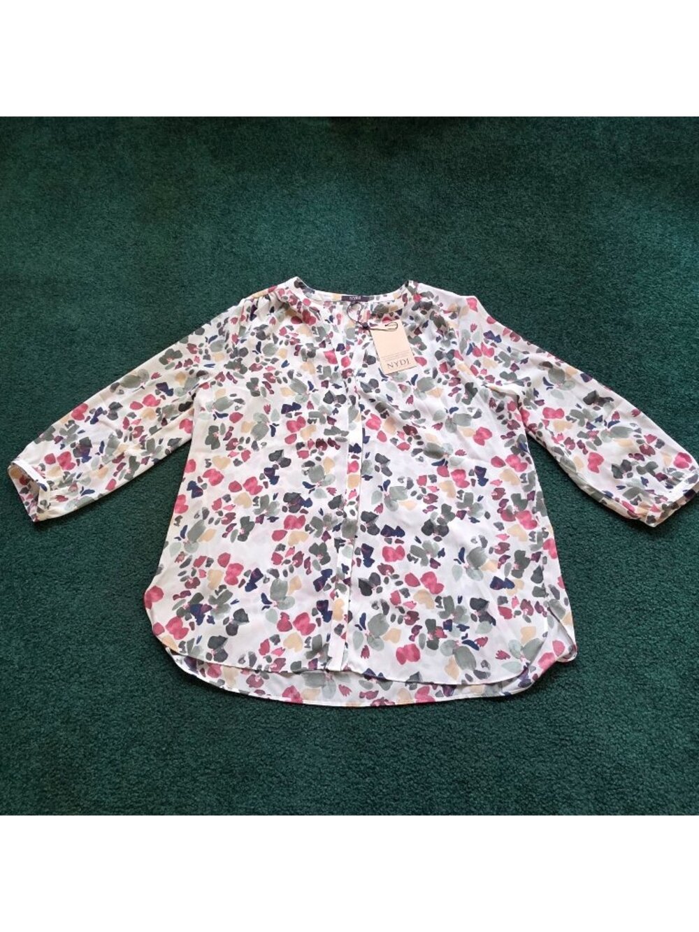 NYDJ Womens Pintuck Blouse Sz M Illiana Colorful Pattern Relaxed Comfort NWT